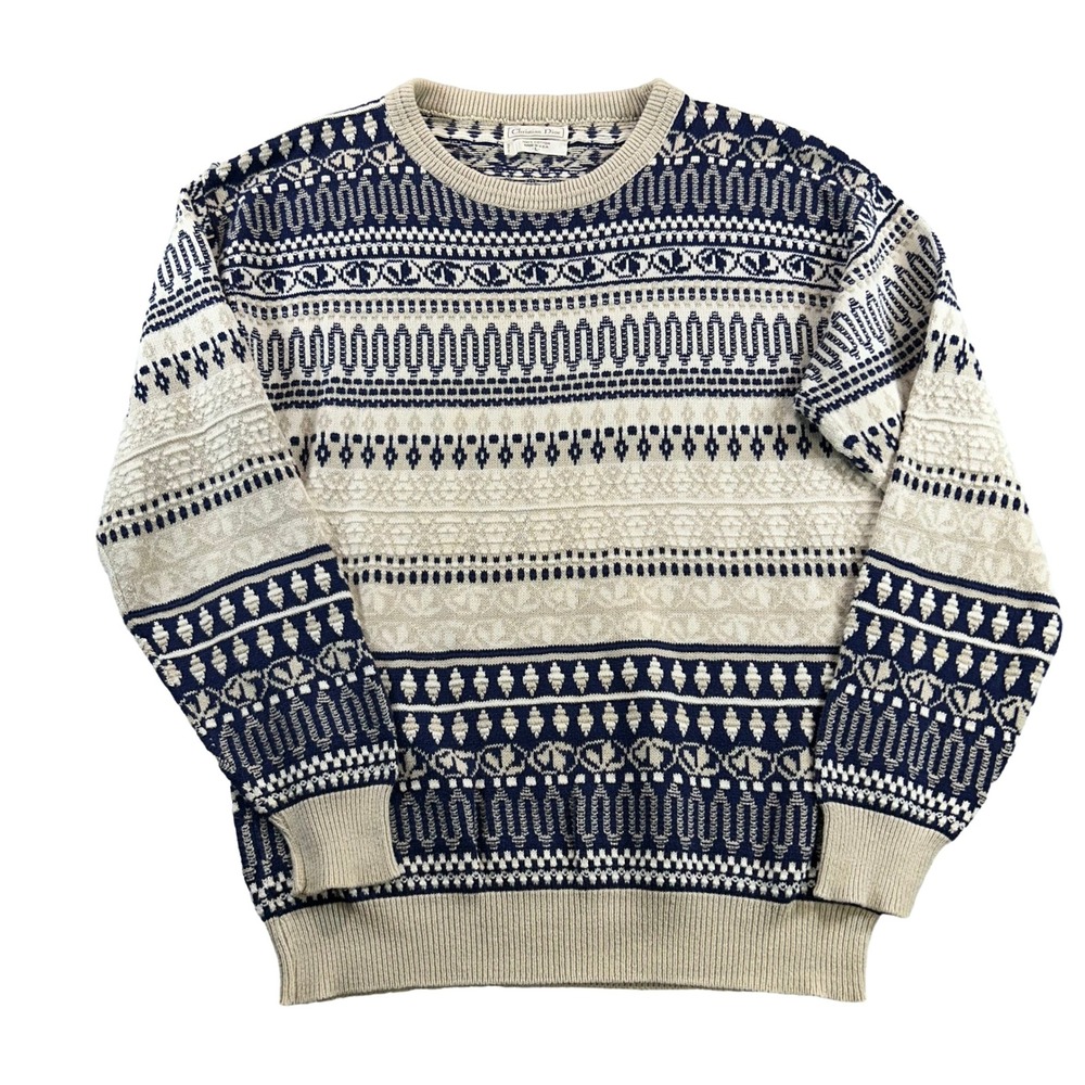 Christian Dior Sweater Mens L Blue Vintage Cotton Fair Isle Geometric USA Flaws